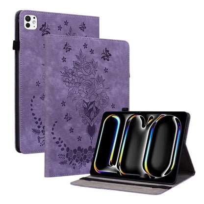 For iPad Pro 11 (2024) Leather Tablet Case Card Holder Imprinted Rose Flower Cover