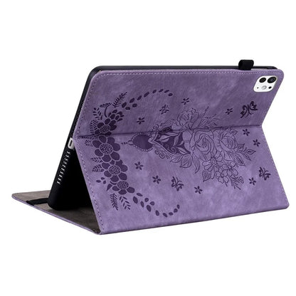 For iPad Pro 11 (2024) Leather Tablet Case Card Holder Imprinted Rose Flower Cover
