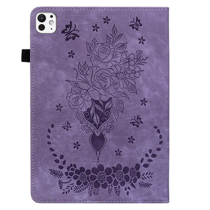 For iPad Pro 11 (2024) Leather Tablet Case Card Holder Imprinted Rose Flower Cover