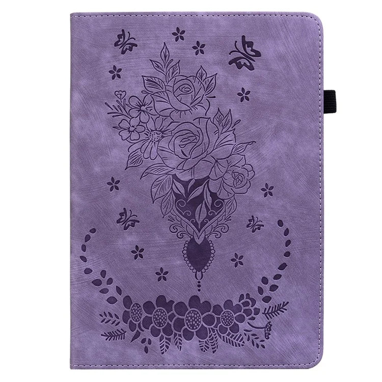 For iPad Pro 11 (2024) Leather Tablet Case Card Holder Imprinted Rose Flower Cover