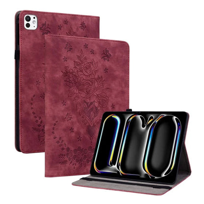 For iPad Pro 11 (2024) Leather Tablet Case Card Holder Imprinted Rose Flower Cover