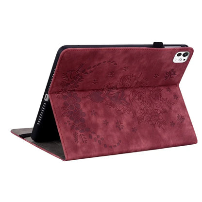 For iPad Pro 11 (2024) Leather Tablet Case Card Holder Imprinted Rose Flower Cover