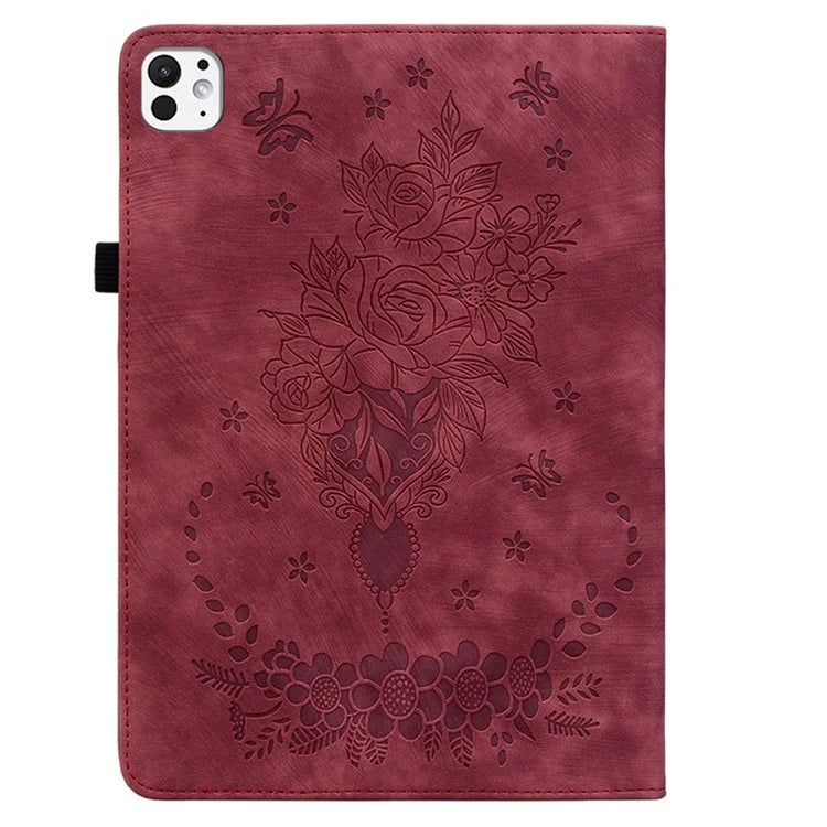 For iPad Pro 11 (2024) Leather Tablet Case Card Holder Imprinted Rose Flower Cover