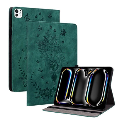 For iPad Pro 11 (2024) Leather Tablet Case Card Holder Imprinted Rose Flower Cover