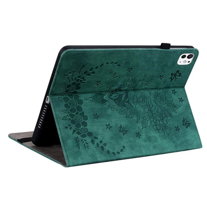 For iPad Pro 11 (2024) Leather Tablet Case Card Holder Imprinted Rose Flower Cover