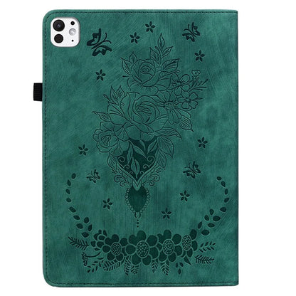 For iPad Pro 11 (2024) Leather Tablet Case Card Holder Imprinted Rose Flower Cover