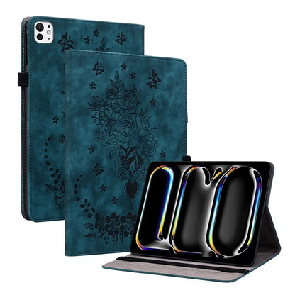 For iPad Pro 11 (2024) Leather Tablet Case Card Holder Imprinted Rose Flower Cover