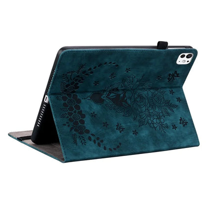For iPad Pro 11 (2024) Leather Tablet Case Card Holder Imprinted Rose Flower Cover