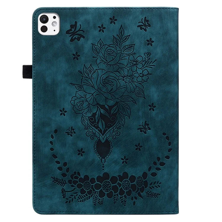 For iPad Pro 11 (2024) Leather Tablet Case Card Holder Imprinted Rose Flower Cover