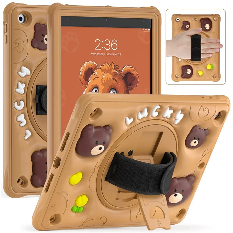 For iPad 10.2 (2019) / (2020) / (2021) Case Bear Pattern Kickstand PC+Silicone Tablet Cover with Hand Strap