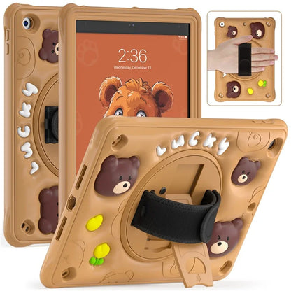 For iPad 10.2 (2019) / (2020) / (2021) Case Bear Pattern Kickstand PC+Silicone Tablet Cover with Hand Strap