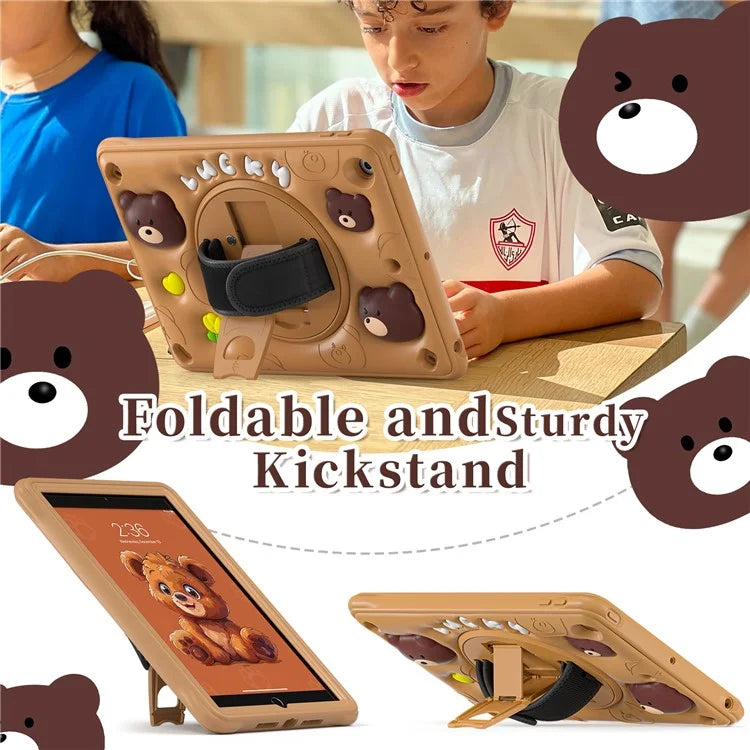 For iPad 10.2 (2019) / (2020) / (2021) Case Bear Pattern Kickstand PC+Silicone Tablet Cover with Hand Strap