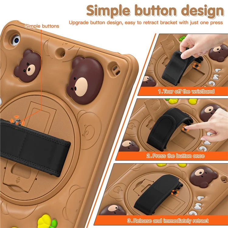 For iPad 10.2 (2019) / (2020) / (2021) Case Bear Pattern Kickstand PC+Silicone Tablet Cover with Hand Strap