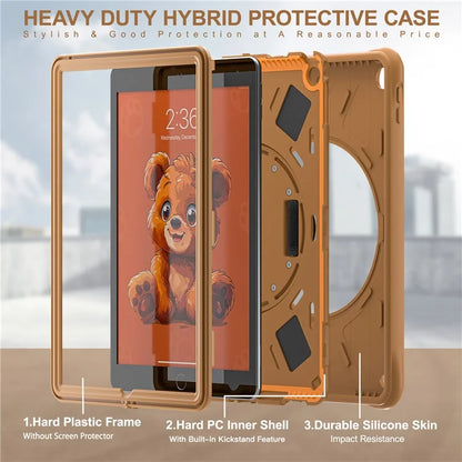 For iPad 10.2 (2019) / (2020) / (2021) Case Bear Pattern Kickstand PC+Silicone Tablet Cover with Hand Strap