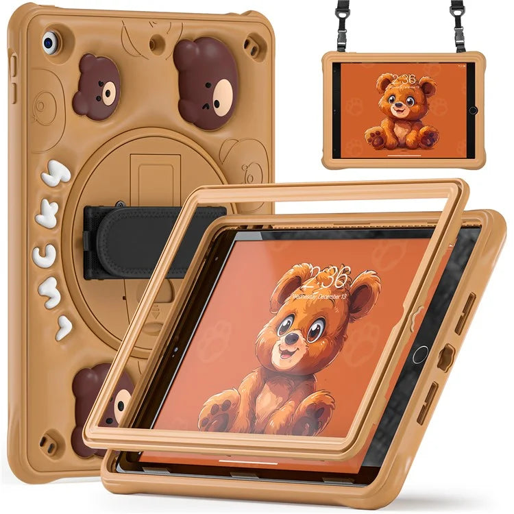 For iPad 10.2 (2019) / (2020) / (2021) Case with Shoulder / Hand Strap Bear Pattern PC+Silicone Tablet Cover
