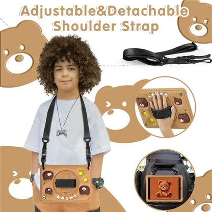 For iPad 10.2 (2019) / (2020) / (2021) Case with Shoulder / Hand Strap Bear Pattern PC+Silicone Tablet Cover