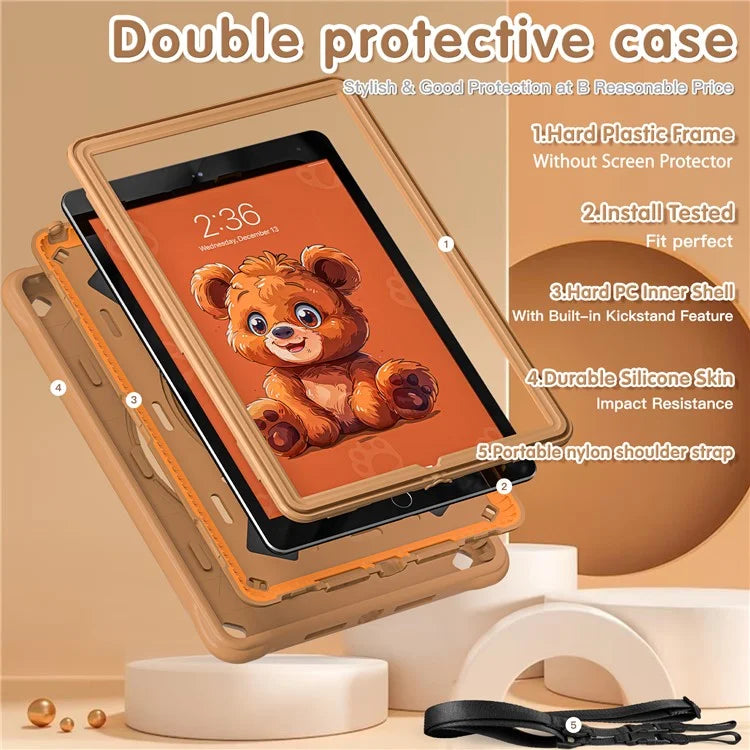 For iPad 10.2 (2019) / (2020) / (2021) Case with Shoulder / Hand Strap Bear Pattern PC+Silicone Tablet Cover