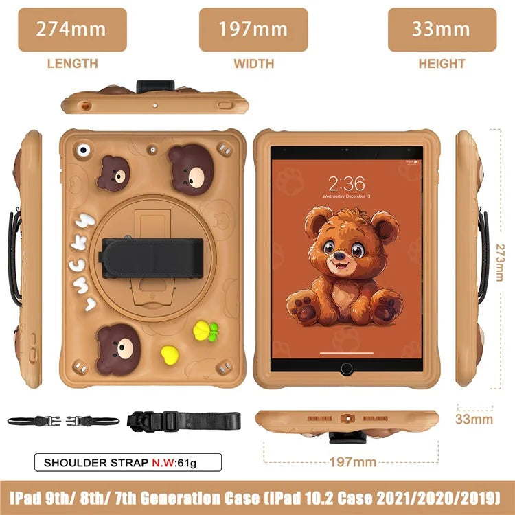 For iPad 10.2 (2019) / (2020) / (2021) Case with Shoulder / Hand Strap Bear Pattern PC+Silicone Tablet Cover