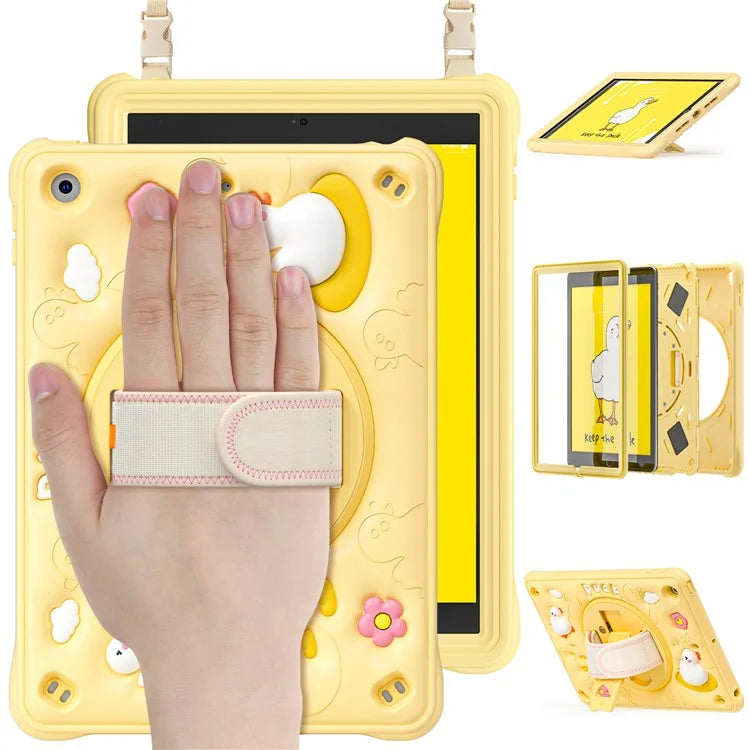 For iPad 10.2 (2019) / (2020) / (2021) Case Duck Pattern PC+Silicone Rugged Protective Cover with Shoulder Strap
