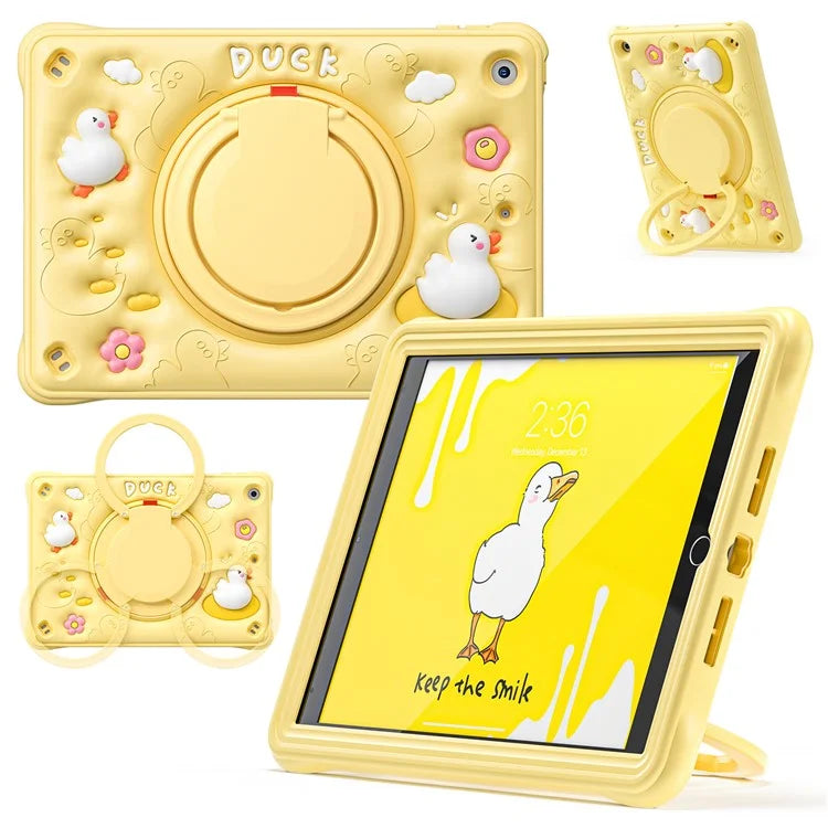 For iPad 10.2 (2021) / (2020) / (2019) Case Cartoon Duck Hand Grip Kickstand PC+Silicone Tablet Cover