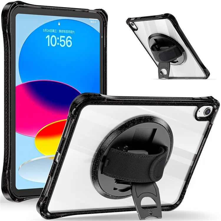 For iPad 10.9 (2022) Case Rotary Hand Strap Kickstand TPU+PC Clear Tablet Cover