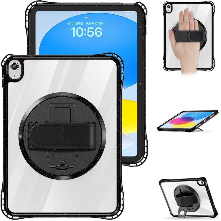 For iPad 10.9 (2022) Case Rotary Hand Strap Kickstand TPU+PC Clear Tablet Cover