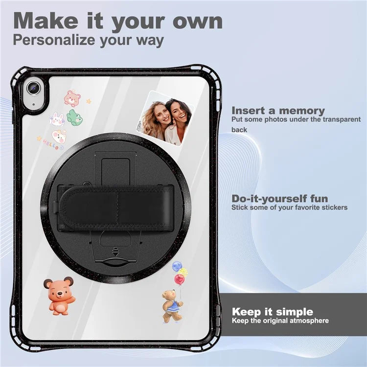 For iPad 10.9 (2022) Case Rotary Hand Strap Kickstand TPU+PC Clear Tablet Cover