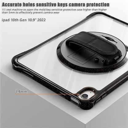 For iPad 10.9 (2022) Case Rotary Hand Strap Kickstand TPU+PC Clear Tablet Cover