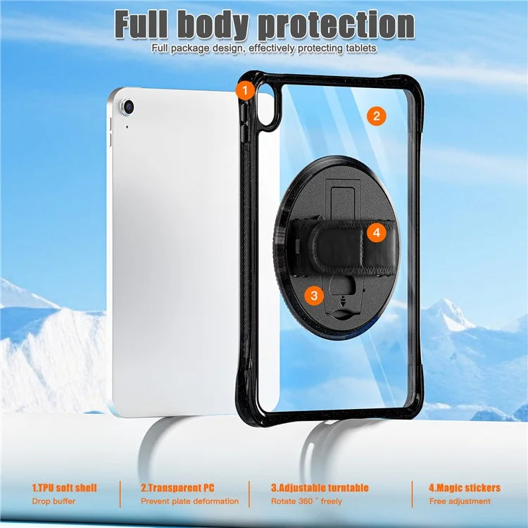 For iPad 10.9 (2022) Case Rotary Hand Strap Kickstand TPU+PC Clear Tablet Cover