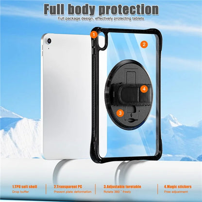For iPad 10.9 (2022) Case Rotary Hand Strap Kickstand TPU+PC Clear Tablet Cover
