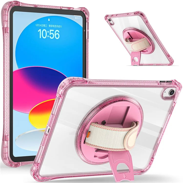 For iPad 10.9 (2022) Case Rotary Hand Strap Kickstand TPU+PC Clear Tablet Cover