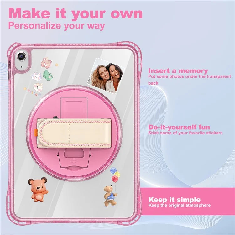 For iPad 10.9 (2022) Case Rotary Hand Strap Kickstand TPU+PC Clear Tablet Cover