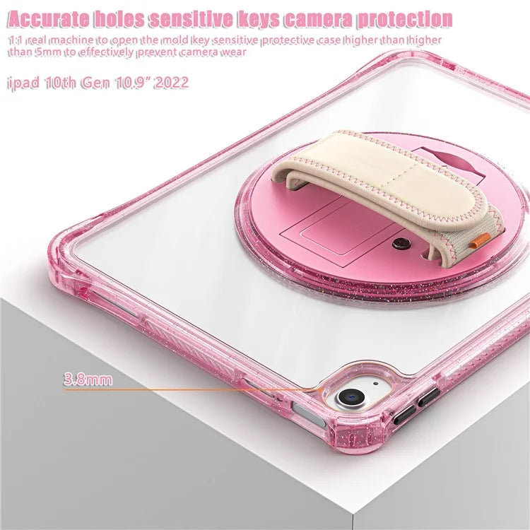 For iPad 10.9 (2022) Case Rotary Hand Strap Kickstand TPU+PC Clear Tablet Cover