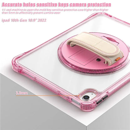 For iPad 10.9 (2022) Case Rotary Hand Strap Kickstand TPU+PC Clear Tablet Cover