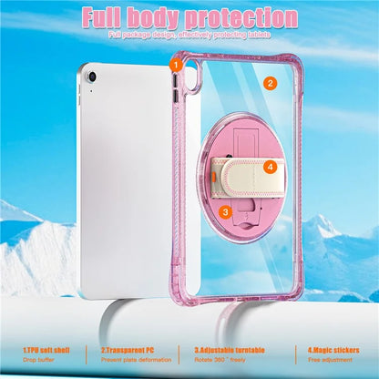 For iPad 10.9 (2022) Case Rotary Hand Strap Kickstand TPU+PC Clear Tablet Cover