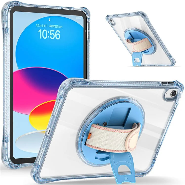 For iPad 10.9 (2022) Case Rotary Hand Strap Kickstand TPU+PC Clear Tablet Cover