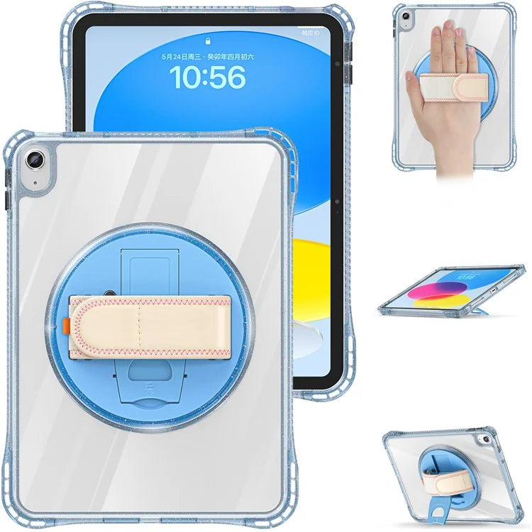 For iPad 10.9 (2022) Case Rotary Hand Strap Kickstand TPU+PC Clear Tablet Cover
