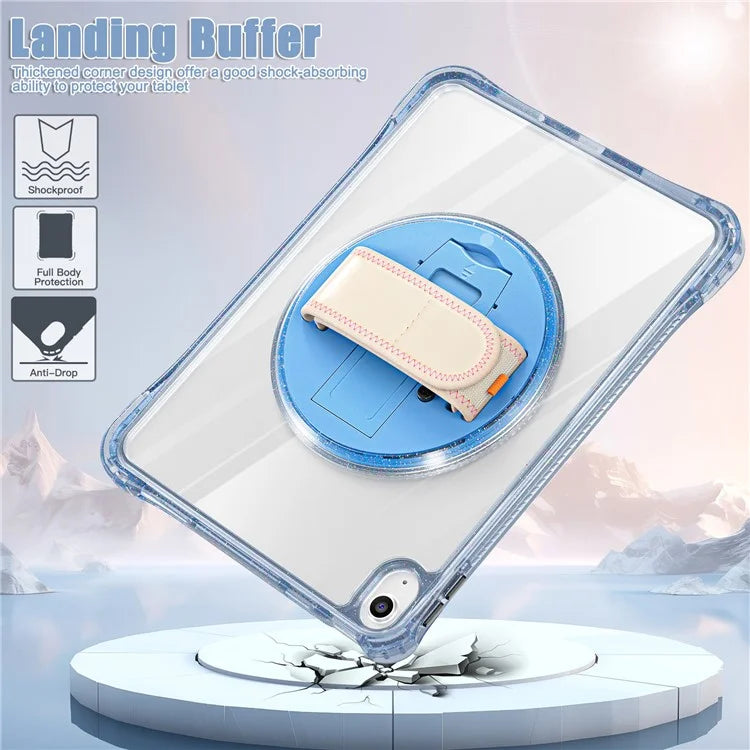 For iPad 10.9 (2022) Case Rotary Hand Strap Kickstand TPU+PC Clear Tablet Cover