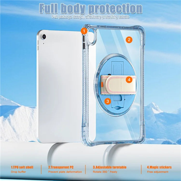 For iPad 10.9 (2022) Case Rotary Hand Strap Kickstand TPU+PC Clear Tablet Cover