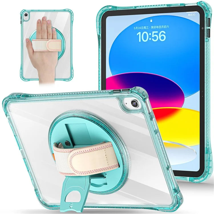 For iPad 10.9 (2022) Case Rotary Hand Strap Kickstand TPU+PC Clear Tablet Cover