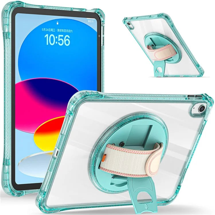 For iPad 10.9 (2022) Case Rotary Hand Strap Kickstand TPU+PC Clear Tablet Cover