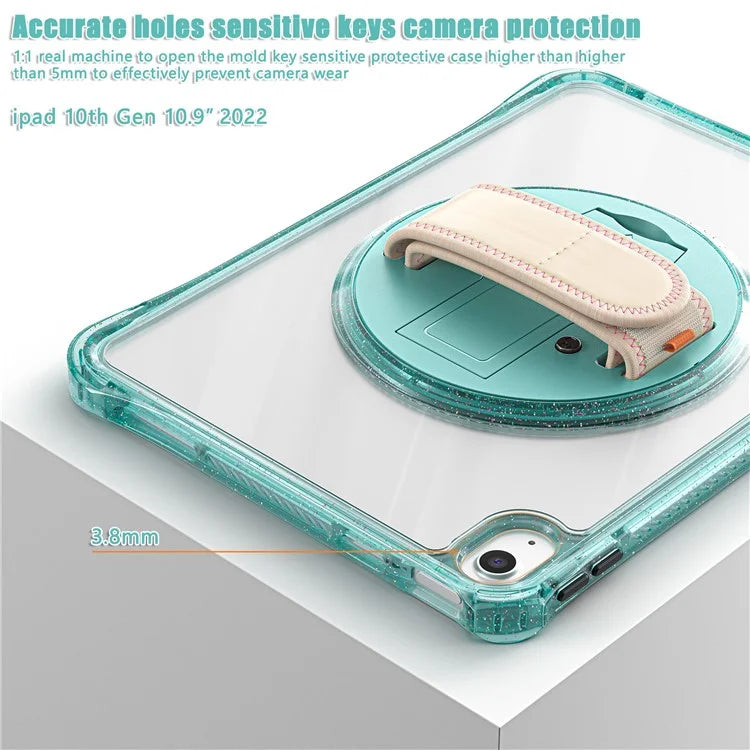 For iPad 10.9 (2022) Case Rotary Hand Strap Kickstand TPU+PC Clear Tablet Cover