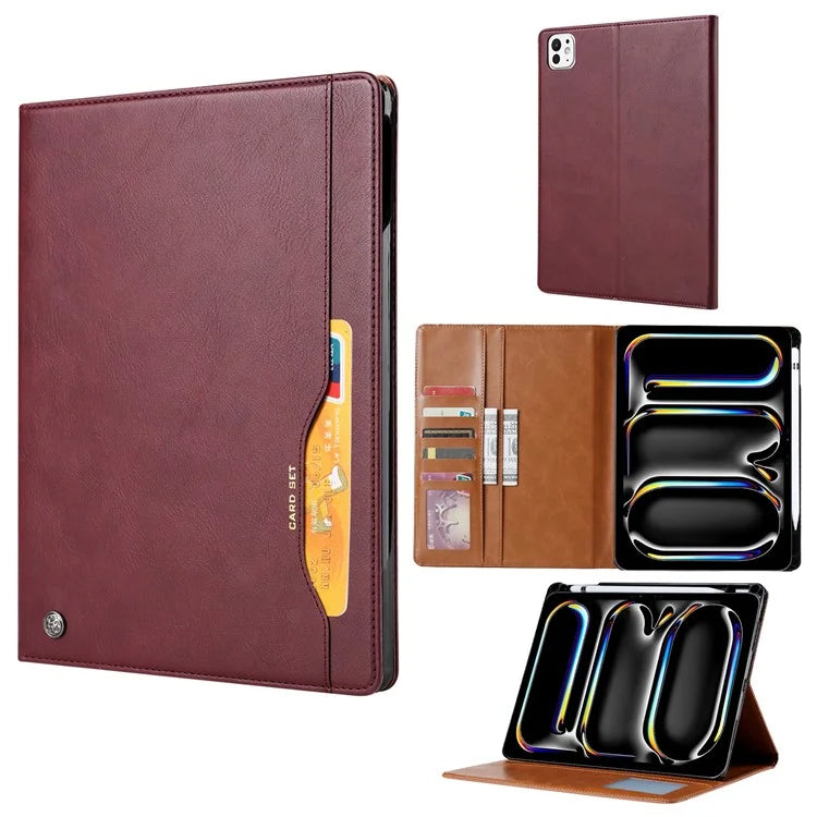 For iPad Pro 11 (2024) Case Card Slot Wallet PU Leather Auto Wake / Sleep Table Cover with Pen Slot