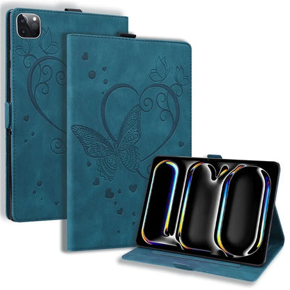 For iPad Pro 11 (2024) Case with Card Slots Butterfly Imprinted Leather Tablet Cover