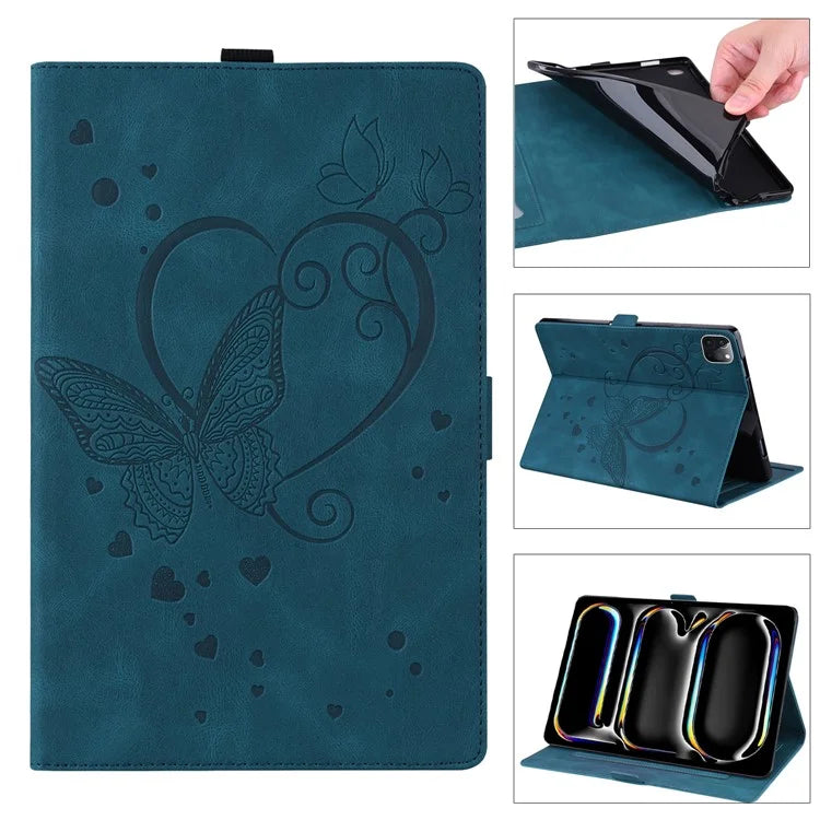 For iPad Pro 11 (2024) Case with Card Slots Butterfly Imprinted Leather Tablet Cover