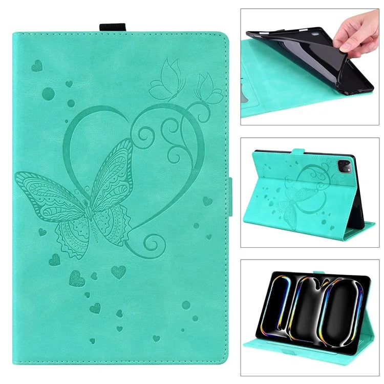 For iPad Pro 11 (2024) Case with Card Slots Butterfly Imprinted Leather Tablet Cover