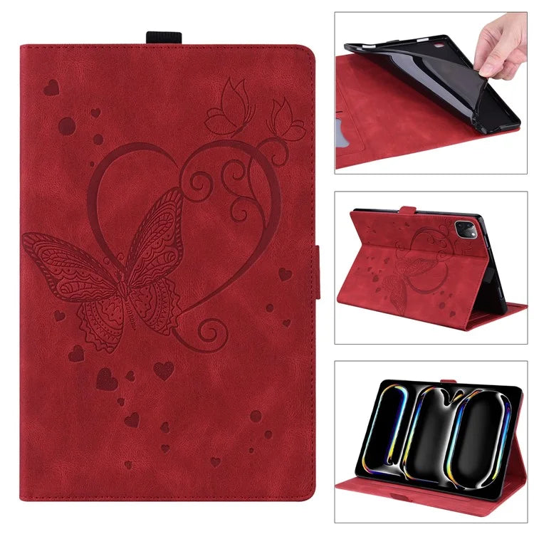 For iPad Pro 11 (2024) Case with Card Slots Butterfly Imprinted Leather Tablet Cover