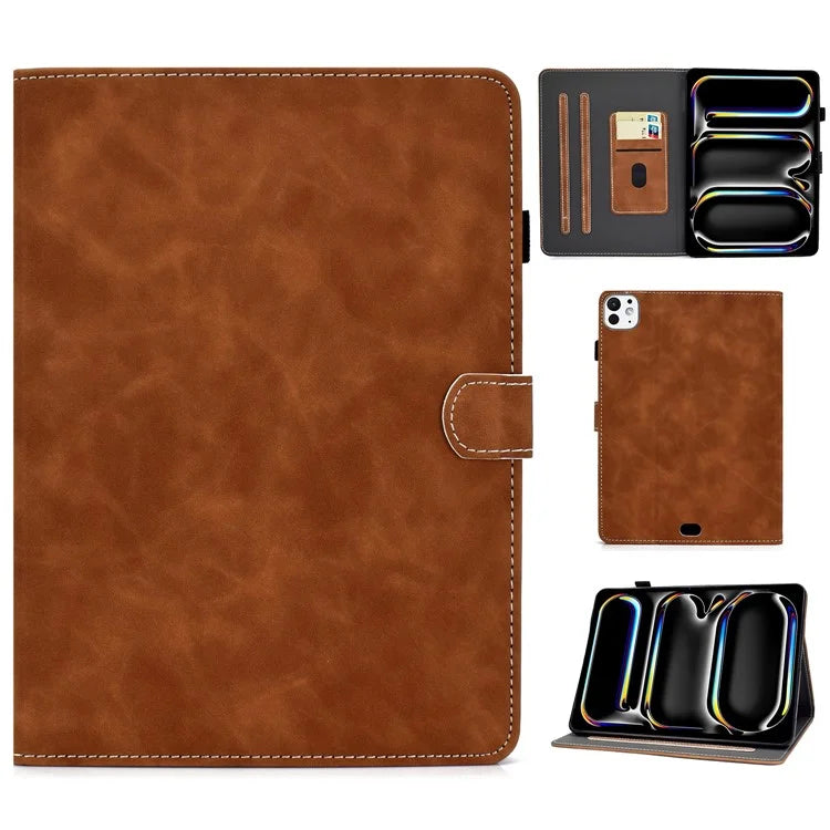 For iPad Pro 11 (2024) Cowhide Texture PU Leather Stand Tablet Case Card Holder Cover with Pen Holder Loop