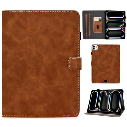 For iPad Pro 11 (2024) Cowhide Texture PU Leather Stand Tablet Case Card Holder Cover with Pen Holder Loop