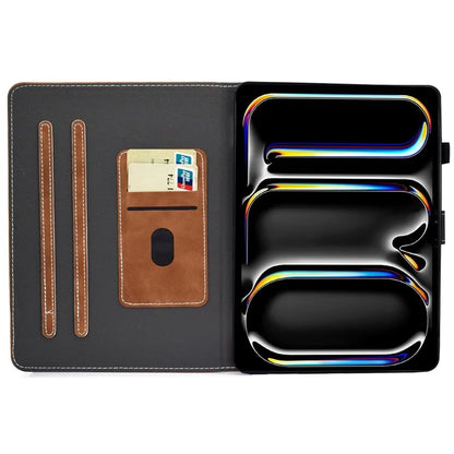 For iPad Pro 11 (2024) Cowhide Texture PU Leather Stand Tablet Case Card Holder Cover with Pen Holder Loop